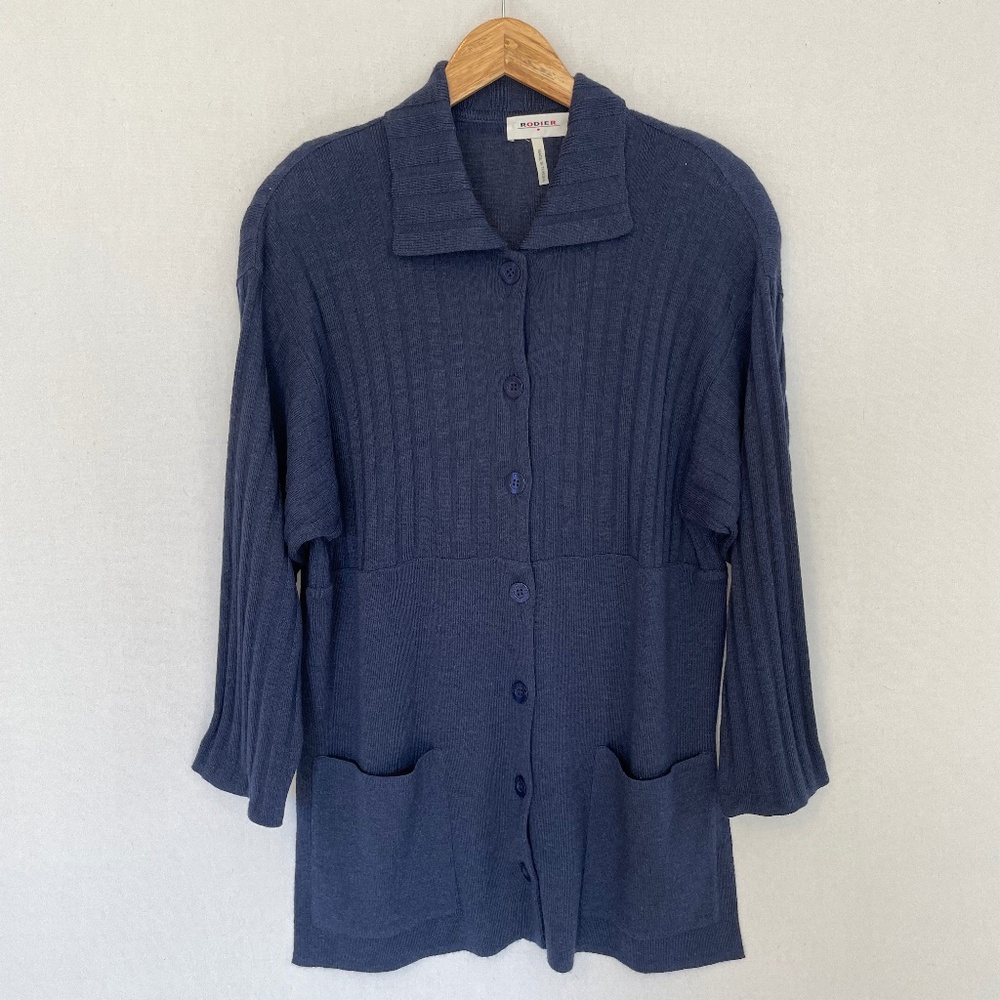RODIER Women’s Medium Wool Blend Blue Tunic Length Button Front Cardigan